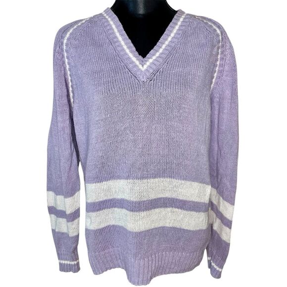 Silvercord Sweater Vintage Knit V Neck Stripe Cotton Blend Purple White Large - Picture 1 of 10